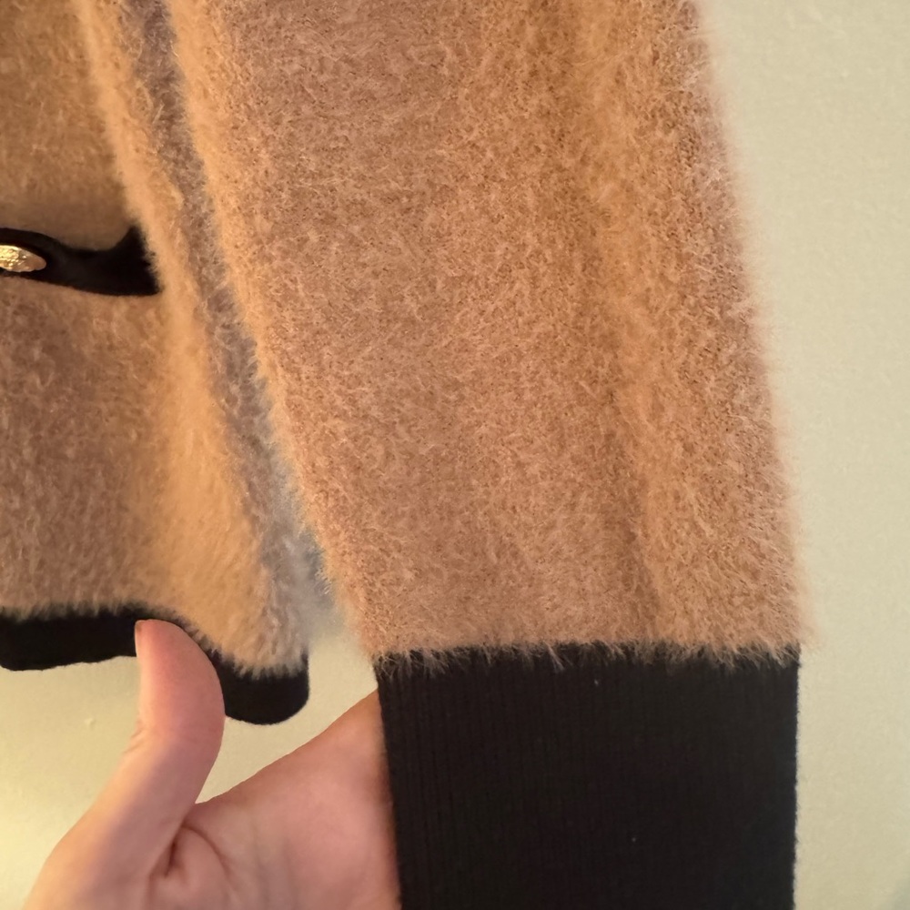 Lagence Women's camel and Black fuzzy Cardigan Sweater. - Picture 6 of 12